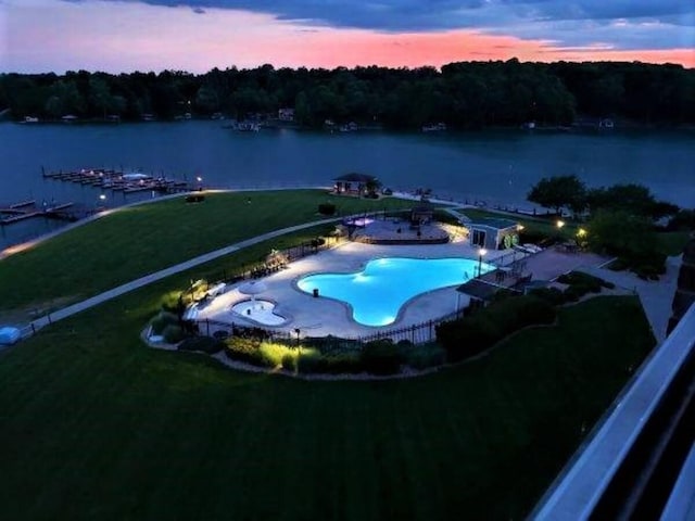1165 Joffrey Dr, Huddleston, VA 24104 - view of swimming pool featuring a water view, a lawn, and a patio area