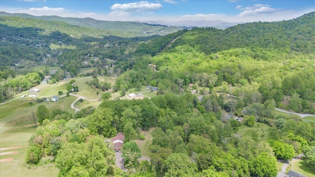 aerial view featuring a wooded view and a mountain view