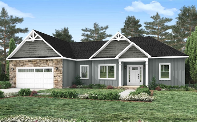 craftsman-style home featuring a front lawn, board and batten siding, an attached garage, and stone siding