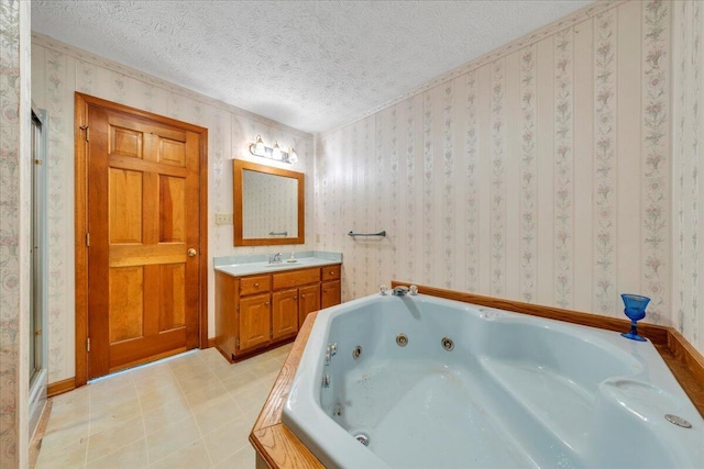 1296 Emerald Valley Way, Huddleston, VA 24104 - full bathroom with a textured ceiling, vanity, a whirlpool tub, wallpapered walls, and baseboards
