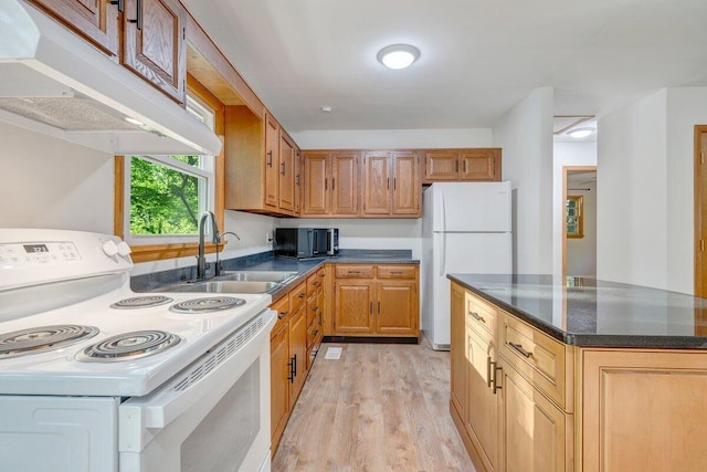 kitchen featuring white appliances, dark stone countertops, under cabinet range hood, a sink, and light wood-style flooring