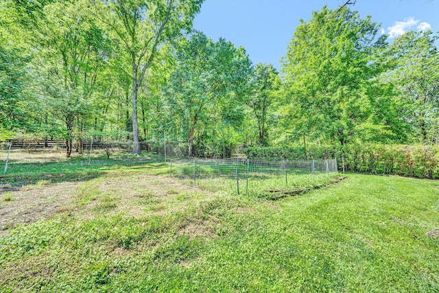view of yard with fence and a view of trees