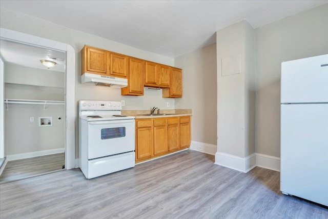 1012 Loudon Ave NW, Roanoke, VA 24016 - kitchen featuring a sink, light wood-style floors, white appliances, light countertops, and under cabinet range hood