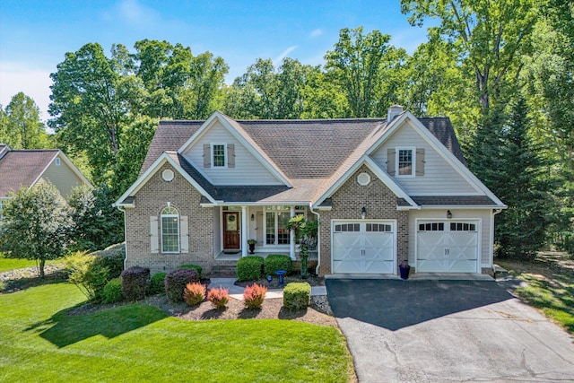 77 Sunview Cir, Moneta, VA 24121 - craftsman-style home featuring a front lawn, brick siding, a garage, a chimney, and driveway