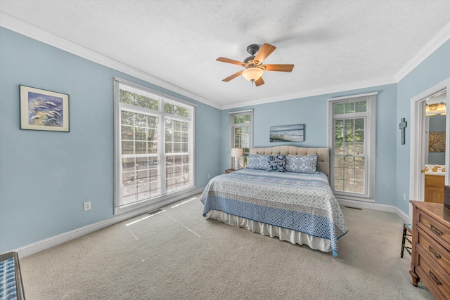 77 Sunview Cir, Moneta, VA 24121 - bedroom with ceiling fan, a textured ceiling, crown molding, baseboards, and carpet flooring