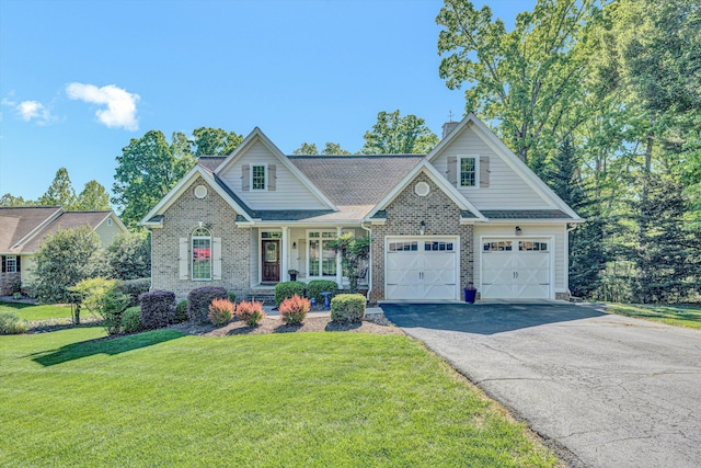 77 Sunview Cir, Moneta, VA 24121 - craftsman inspired home with a garage, a front lawn, aphalt driveway, a chimney, and brick siding