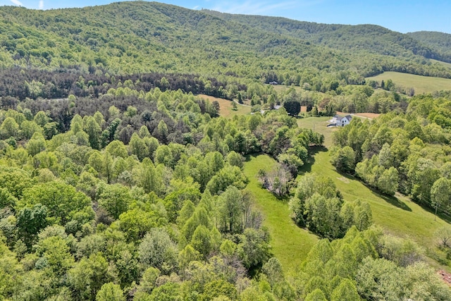 bird's eye view featuring a mountain view and a wooded view