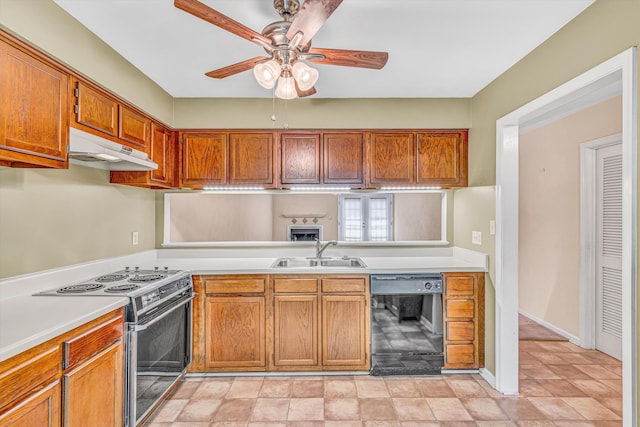 kitchen with a sink, electric range, black dishwasher, under cabinet range hood, and a ceiling fan