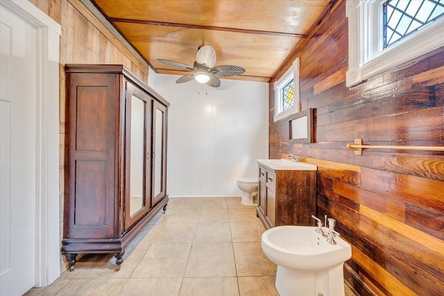 full bath with a ceiling fan, a stall shower, wooden walls, and toilet
