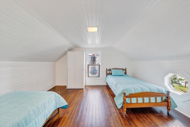 bedroom with wood-type flooring, baseboards, vaulted ceiling, and wooden ceiling