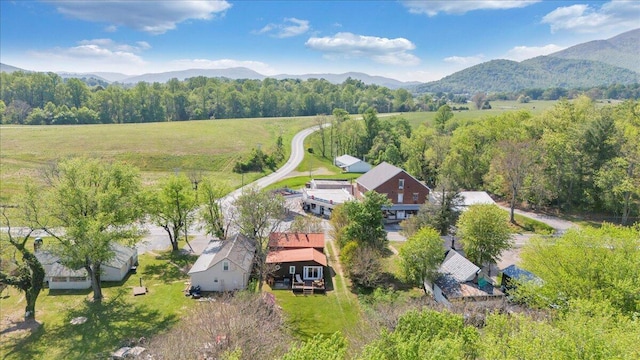 bird's eye view featuring a mountain view and a wooded view