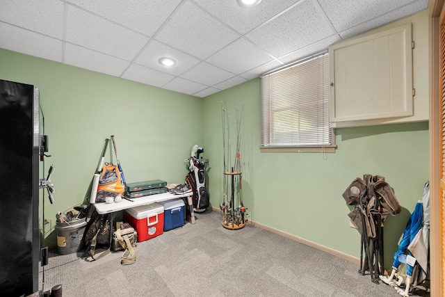 recreation room with baseboards, carpet, a drop ceiling, and recessed lighting