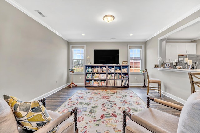 161 Villa Oak Cir, Bedford, VA 24523 - living area with dark wood-style floors, baseboards, crown molding, and recessed lighting