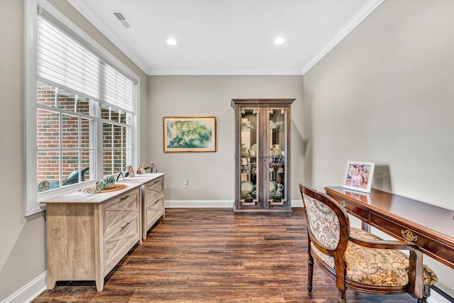 161 Villa Oak Cir, Bedford, VA 24523 - office featuring dark wood-style flooring, baseboards, ornamental molding, recessed lighting, and a sink