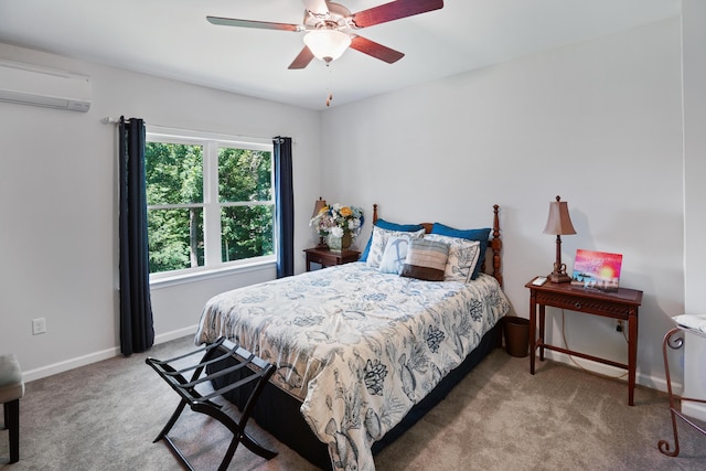 308 Buck Run Dr, Moneta, VA 24121 - bedroom featuring a wall mounted air conditioner, carpet floors, baseboards, and a ceiling fan