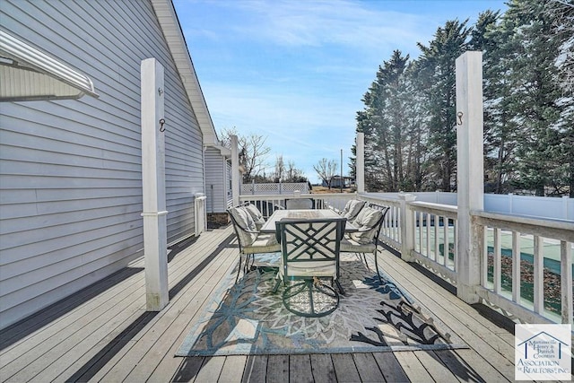wooden deck featuring fence and outdoor dining space