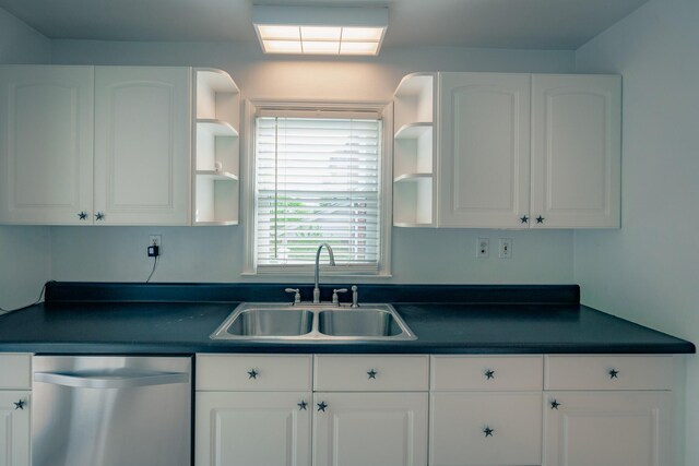 2509 Sweetbrier Ave SW, Roanoke, VA 24015 - kitchen with dark countertops, open shelves, stainless steel dishwasher, a sink, and white cabinets