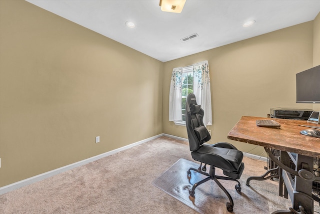 office area featuring baseboards, carpet floors, and recessed lighting