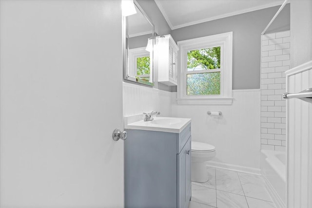 2738 Thorndale St SW, Roanoke, VA 24015 - full bathroom featuring marble look tile flooring, a wainscoted wall, toilet, crown molding, and vanity