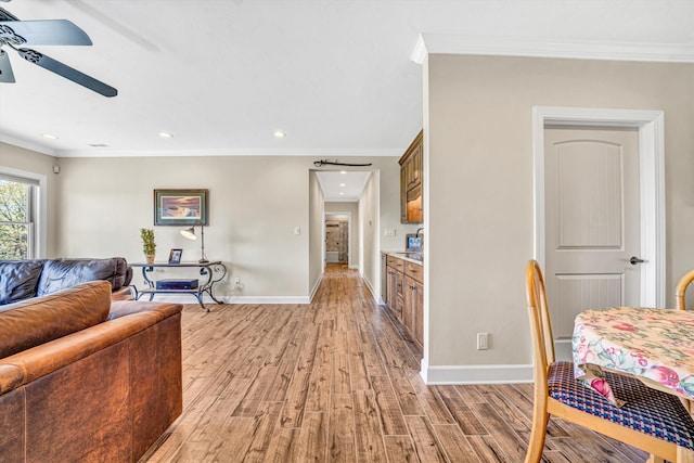 890 Blain Rd, Buchanan, VA 24066 - living room with crown molding, a ceiling fan, light wood-style flooring, baseboards, and recessed lighting