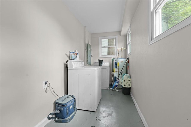washroom featuring laundry area, baseboards, independent washer and dryer, and electric water heater