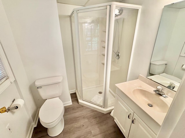 bathroom with vanity, toilet, wood finished floors, and a stall shower