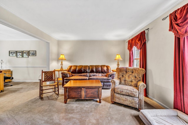 living area featuring ornamental molding and carpet