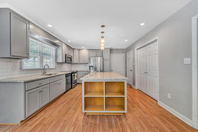 kitchen featuring open shelves, a sink, stainless steel appliances, decorative backsplash, and gray cabinetry