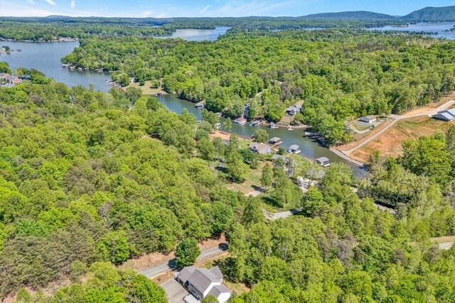aerial view featuring a water view and a view of trees