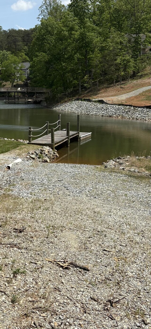 view of dock with a water view and a view of trees