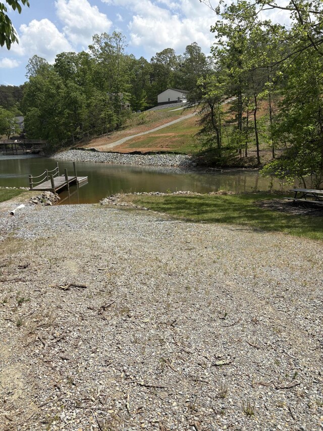 view of home's community with a water view and a boat dock