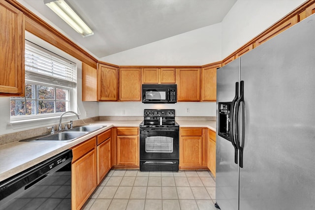 260 Harbor Landing Dr, Moneta, VA 24121 - kitchen featuring black appliances, lofted ceiling, a sink, light tile patterned flooring, and light countertops