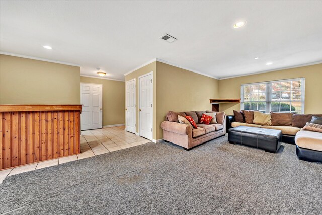 carpeted living area with crown molding, recessed lighting, and visible vents