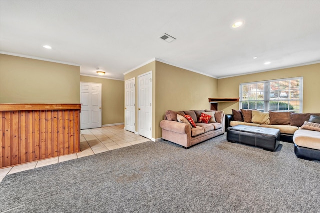 260 Harbor Landing Dr, Moneta, VA 24121 - carpeted living area with crown molding, recessed lighting, tile patterned flooring, and baseboards
