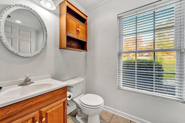 260 Harbor Landing Dr, Moneta, VA 24121 - bathroom featuring toilet, vanity, tile patterned floors, baseboards, and crown molding
