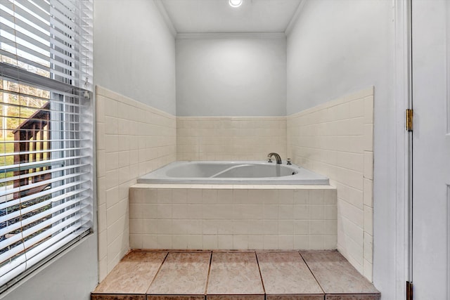 260 Harbor Landing Dr, Moneta, VA 24121 - bathroom with ornamental molding, a garden tub, plenty of natural light, and tile patterned flooring
