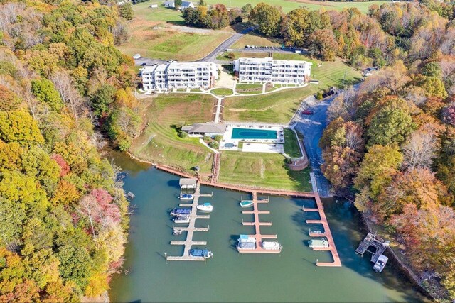 birds eye view of property featuring a water view