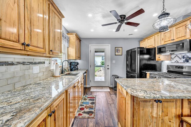 kitchen with stainless steel range, a sink, hardwood / wood-style floors, smart refrigerator, and decorative backsplash