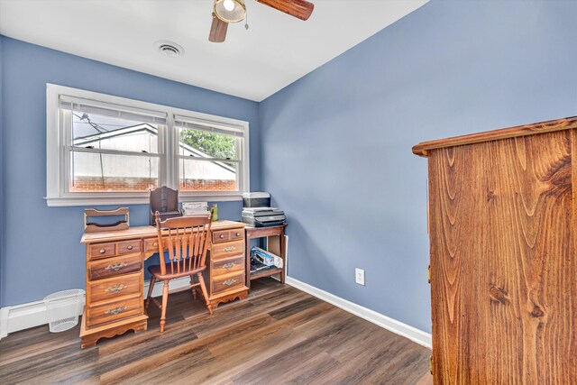home office with visible vents, wood finished floors, baseboards, ceiling fan, and baseboard heating