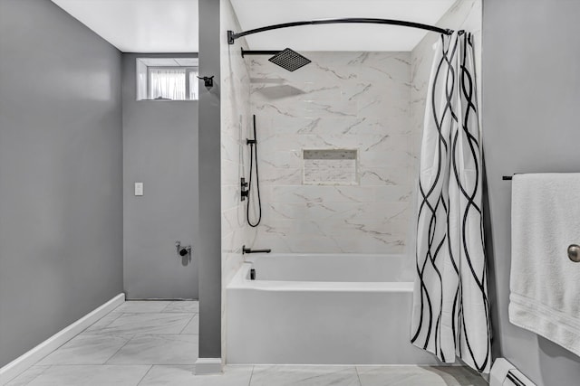 full bath featuring baseboards, shower / tub combo with curtain, marble finish floor, and a baseboard heating unit