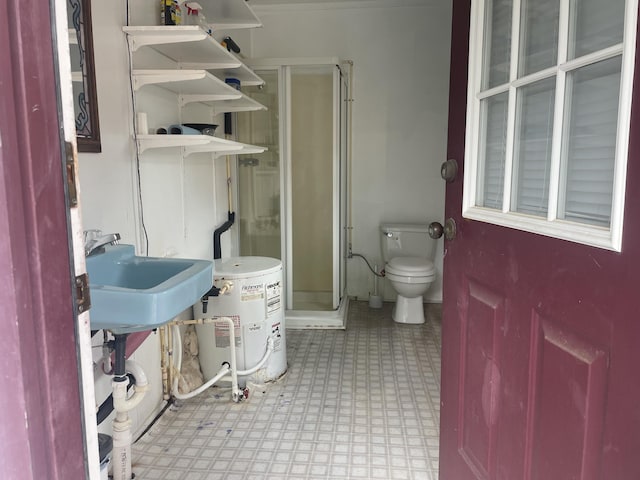 1508 Jefferson Ave, Clifton Forge, VA 24422 - bathroom with tile patterned floors, water heater, a shower stall, toilet, and a sink