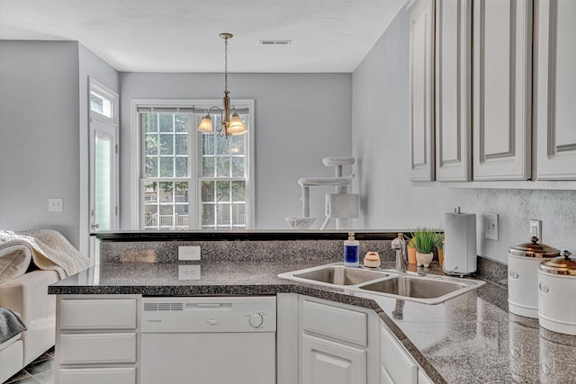 kitchen featuring white cabinets, a sink, dishwasher, visible vents, and pendant lighting