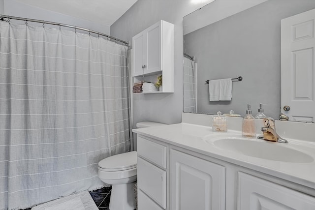 full bath with vanity, tile patterned flooring, toilet, and a shower with curtain
