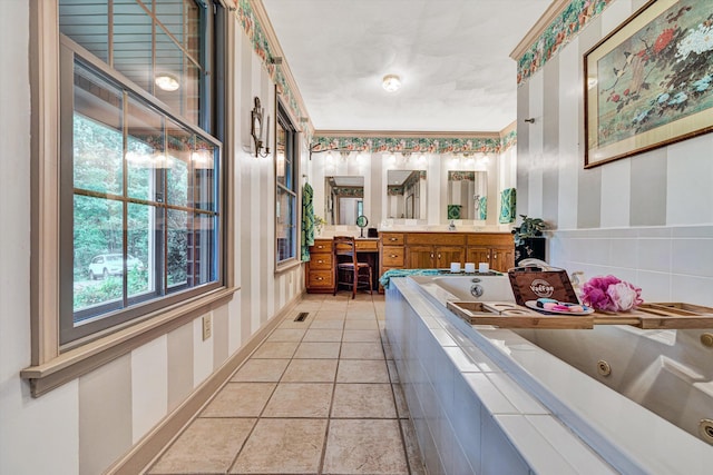 5531 Bethlehem Rd, Boones Mill, VA 24065 - full bathroom with wallpapered walls, a jetted tub, and vanity