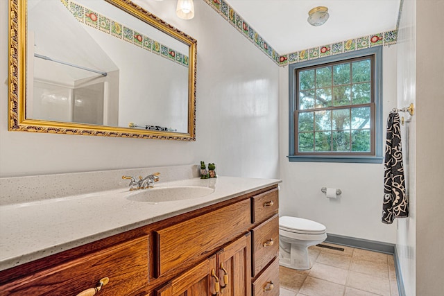 5531 Bethlehem Rd, Boones Mill, VA 24065 - bathroom with vanity, toilet, baseboards, a shower, and tile patterned flooring