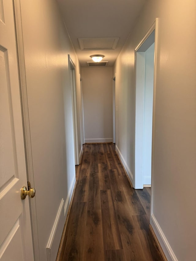 3779 Old Franklin Tpke, Glade Hill, VA 24092 - hall with visible vents, attic access, dark wood-style flooring, and baseboards