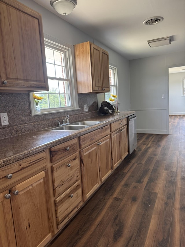 3779 Old Franklin Tpke, Glade Hill, VA 24092 - kitchen with dark countertops, a sink, dishwasher, dark wood-type flooring, and backsplash