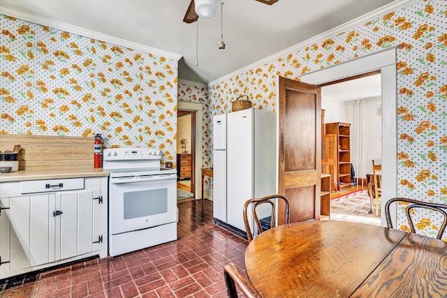 2226 Wycliffe Ave SW, Roanoke, VA 24014 - kitchen with wallpapered walls, white appliances, crown molding, brick patterned flooring, and a ceiling fan