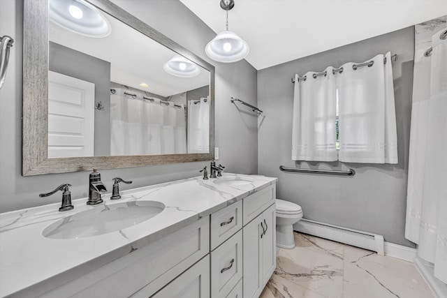 full bath featuring a baseboard radiator, marble finish floors, baseboards, toilet, and double vanity