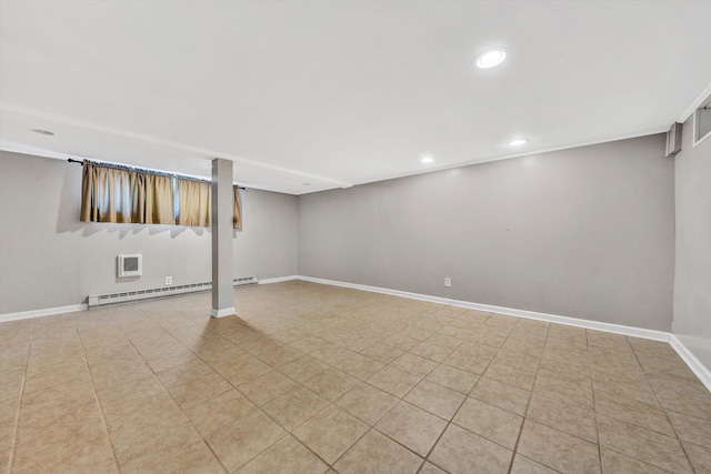 finished below grade area featuring a baseboard radiator, recessed lighting, baseboards, and tile patterned flooring